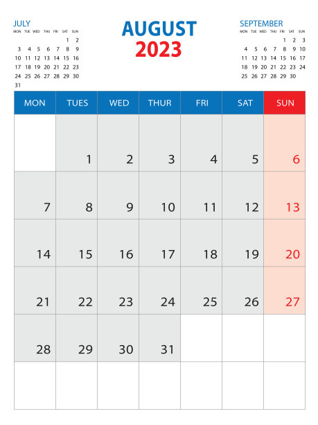 2023日历模板- 2023年8月，星期一开始，2023挂历设计，台历模板，企业计划表，文具，组织者日记，印刷媒体，矢量图片下载