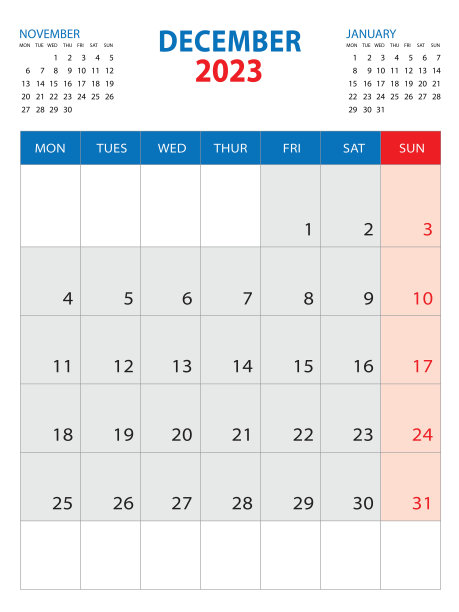 2023日历模板- 2023年12月，星期一开始，2023挂历设计，台历模板，企业计划表，文具，组织者日记，印刷媒体，矢量图片下载