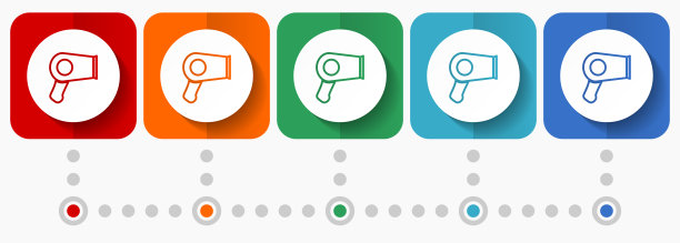 吹风机，美容沙龙矢量图标，信息图形模板，在5个颜色选项的一套平面设计符号图片下载