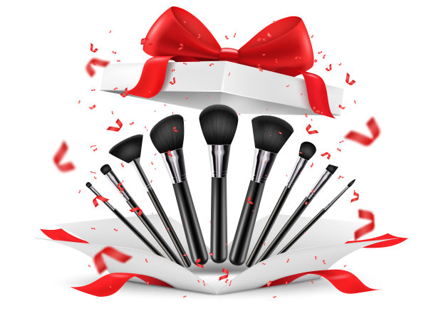 专业化妆刷内开礼盒。白色礼盒与红色蝴蝶结，孤立在白色背景。Present, Gift, Surprise概念。3D逼真的矢量插图隔离在白色。图片下载