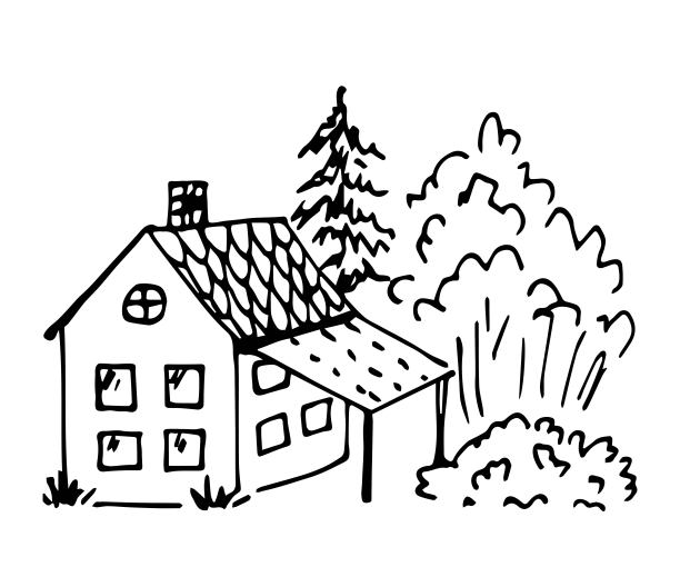 手绘矢量图，黑色轮廓。乡村的房子在森林里，花园里有树，灌木丛。乡村风景，避暑乡村度假，大自然。墨水草图。图片下载