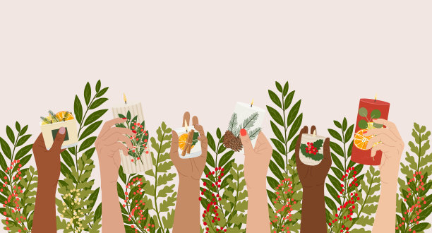 在冬天的绿色植物背景下，不同的女性手拿着圣诞香味蜡烛。圣诞快乐横幅，海报。零浪费的环保礼物。手绘矢量图片下载