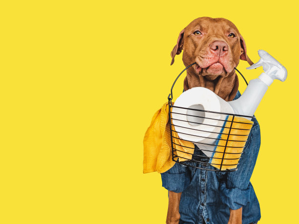 可爱，漂亮的小狗，有清洁剂和刷子图片下载