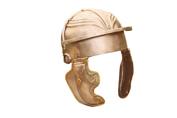 古罗马头盔，古代士兵在战斗中保护头部的盔甲，隔离在白色背景上。重建罗马帝国战争期间的军事事件图片下载