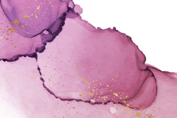水彩背景与抽象的粉红色墨渍和金色的飞溅。图片下载