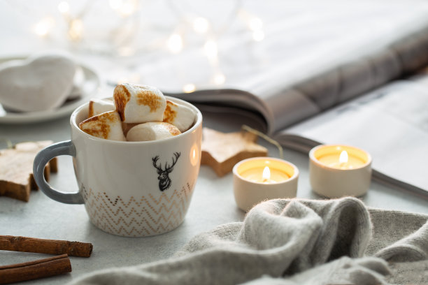 舒适柔软的灰色毯子，一杯可可和两支蜡烛图片下载