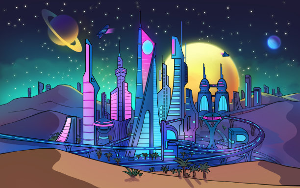 一个城市在沙漠中有一艘宇宙飞船。有月亮的夜晚。外星球在天空中。图片下载