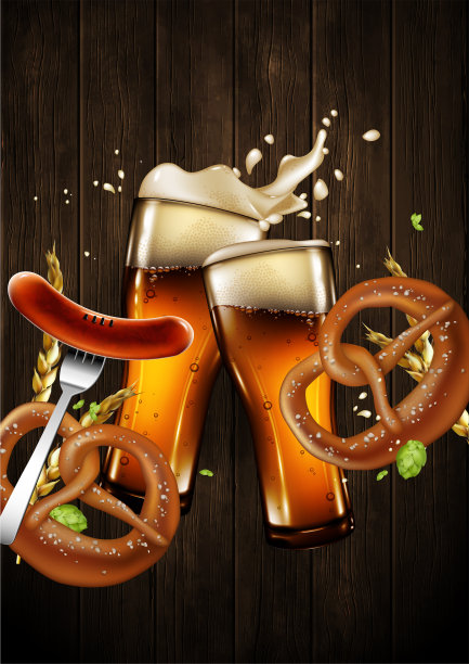 啤酒的背景。两个装有泡沫啤酒的透明玻璃杯，一根香肠和一个椒盐卷饼。高度逼真的插图。图片下载