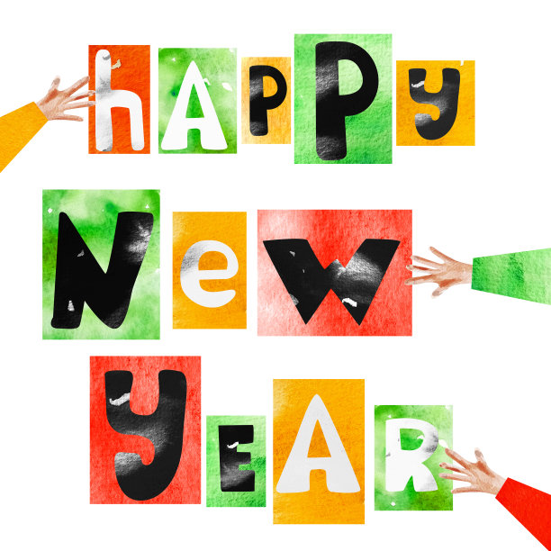 新年快乐，手拿字母，彩色卡片上的字母，水彩插画图片下载