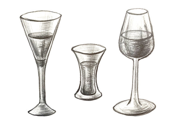 套不同的眼镜，铅笔画。用于酒精饮料的独立玻璃杯。图片下载