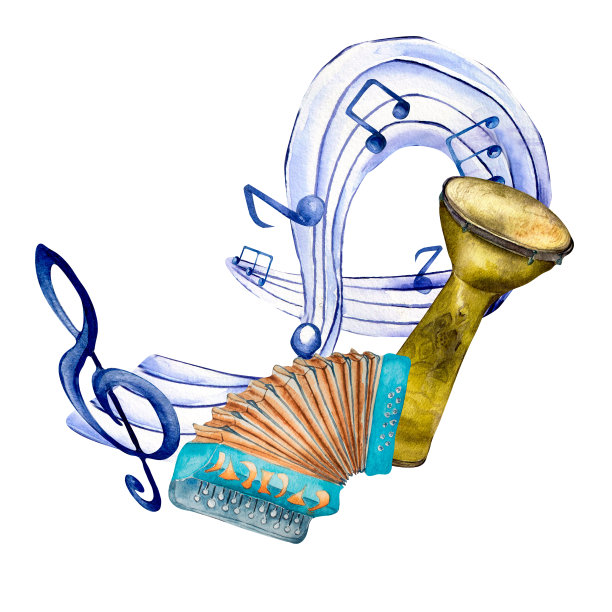 乐谱和民间乐器水彩插图在白色。图片下载