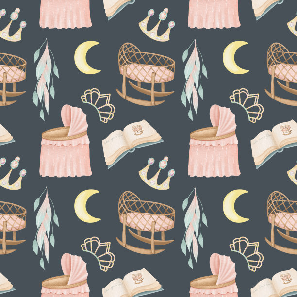 水彩童话公主元素无缝图案(摇篮、童话书、皇冠)图片下载