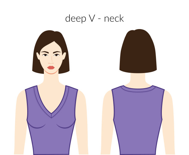 深V字领口服装针织，毛衣性格美丽的女士在薰衣草上衣，衬衫，连衣裙技术时尚插画与合身的身体。平装模板正面、背面。女性，男性CAD图片下载