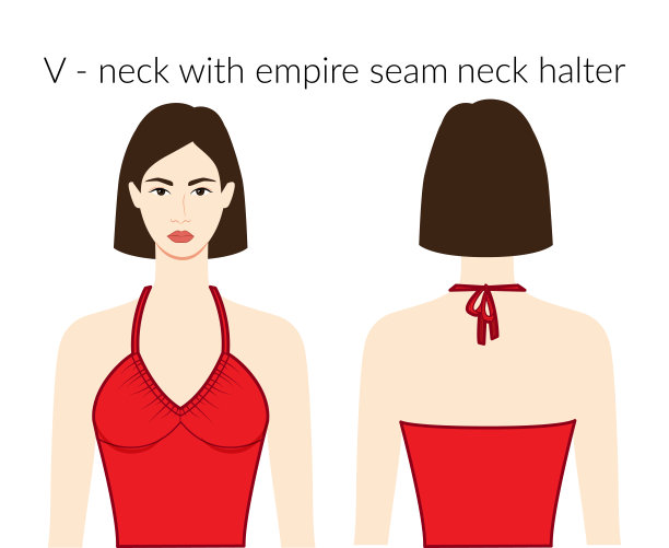 V字领口与帝国缝颈吊带衣服性格美丽的女士在红色上衣，衬衫，连衣裙技术时尚插画与合身的身体。扁平服装模板。男女不分性别图片下载