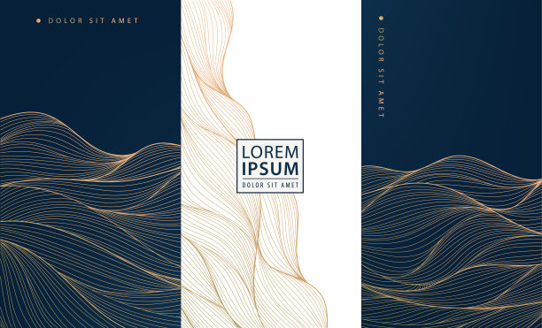 集合矢量设计元素:标签、相框、婚礼请帖、社交网络故事、包装、奢侈品、香水、肥皂、葡萄酒、乳液。波浪线金色背景，图案图片下载