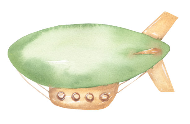 水彩运输插画，可爱的孩子飞艇打印剪贴艺术，手绘的孩子聚会剪贴画。绿色交通工具。艺术品的纺织品，织物，纪念品，婴儿淋浴，贺卡图片下载