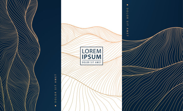 集合矢量设计元素:标签、相框、婚礼请帖、社交网络故事、包装、奢侈品、香水、肥皂、葡萄酒、乳液。波浪日本山线金色背景。图片下载