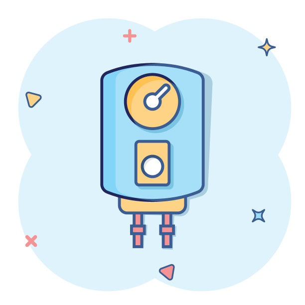 漫画风格的燃气锅炉图标。加热器卡通矢量插图在孤立的背景。沸溅效应招牌经营理念。图片下载