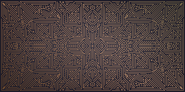 矢量抽象几何金色背景。装饰艺术婚礼，派对图案，几何装饰，线性风格与树叶。水平朝向豪华装饰元素图片下载