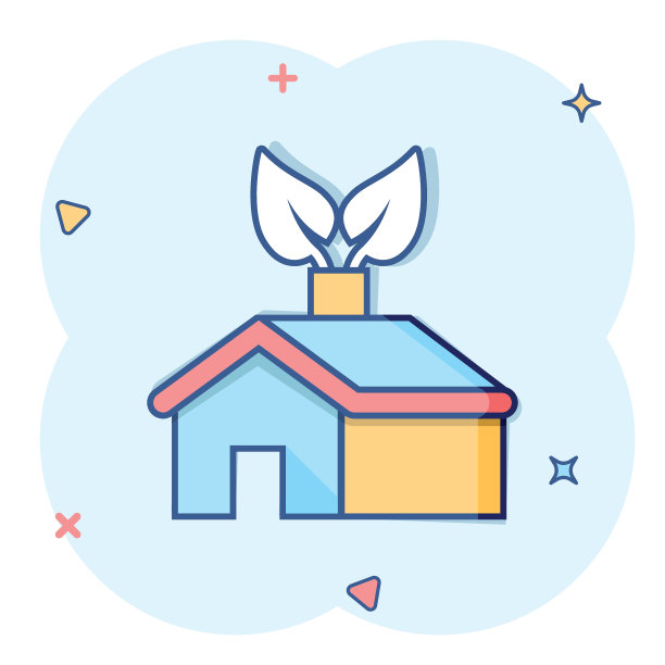 漫画风格的生态家居图标。房子与树叶卡通矢量插图白色孤立的背景。植物建筑飞溅效果标识经营理念。图片下载