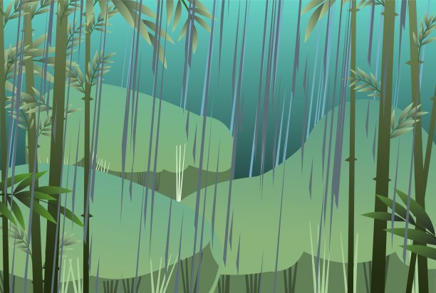 有雨天气的景观。夏天的雨在丛林的杂草和竹林。水柱从天空倾泻而下。卡通趣味风格。平面设计。向量。图片下载
