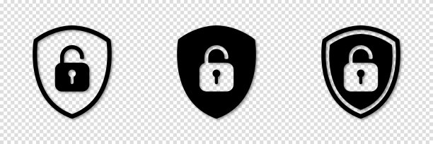 带有打开挂锁的盾牌的图标或符号集。在白色背景上签名解锁集合。矢量插图。图片下载