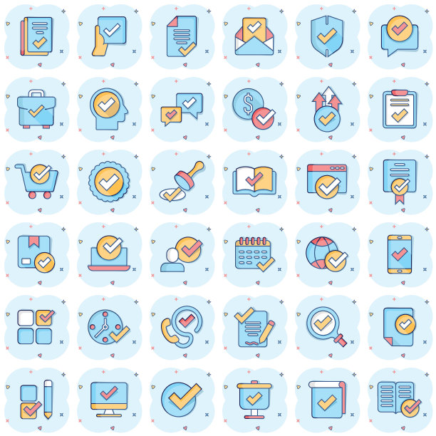 批准图标设置为漫画风格。选中标记卡通矢量插图在白色孤立的背景。Tick接受飞溅效应的商业理念。图片下载