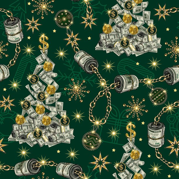图案与圣诞树制成的100美元纸币，硬币。图片下载