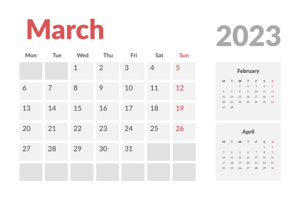 2023年3月日历模板。矢量布局简单日历与周开始星期一。图片下载