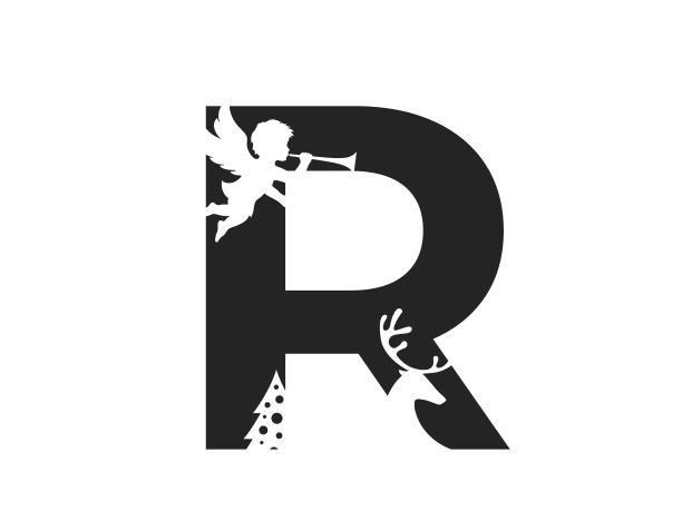 字母上有天使、鹿和圣诞树。圣诞设计的节日初始信。孤立矢量图像图片下载