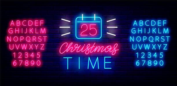 圣诞节的霓虹灯招牌。日历有25个日期。发光的广告。矢量股票插图图片下载