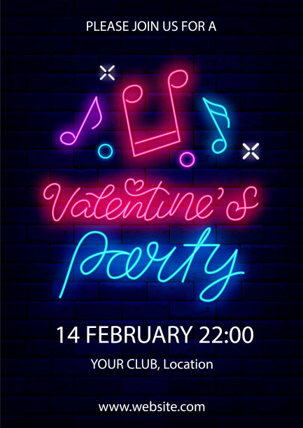 情人节派对霓虹灯海报快乐。音乐的音符。发光垂直广告。矢量股票插图图片下载