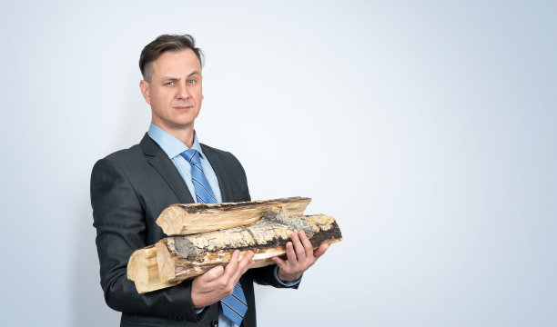 在浅蓝色的背景下，身穿深色西装、打着领带的自信商人拿着柴火给房子取暖图片下载