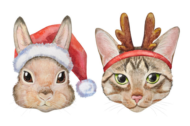 水彩插图与新年肖像的猫戴鹿角头带和兔子戴圣诞老人帽子。图片下载