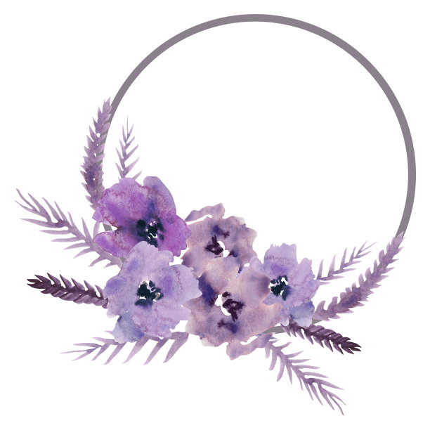 水彩紫色花朵剪贴画。花卉剪贴画。手工插图贺卡，墙纸，文具，织物，婚礼卡。花框架。手画。背景图片下载
