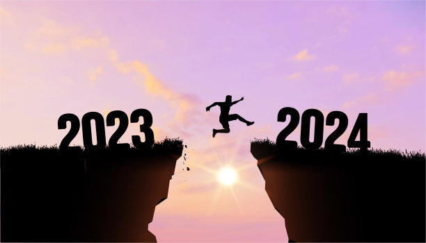 Welcome Merry Christmas and Happy New Year in 2024, Vector black silhouette man jumping from 2023 cliff to 2024 cliff with cloudy sky and sunlight. Сoncept of moving from year to year.图片下载