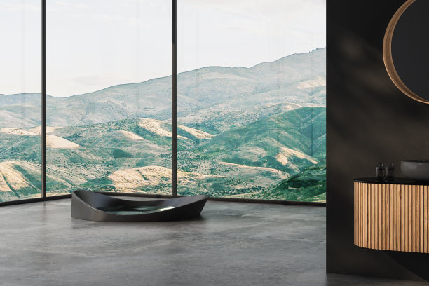 现代极简主义浴室内饰，现代浴室柜，白色水槽，木制梳妆台，室内植物，浴室配件，浴缸，黑色墙壁，混凝土地板。三维渲染图片下载