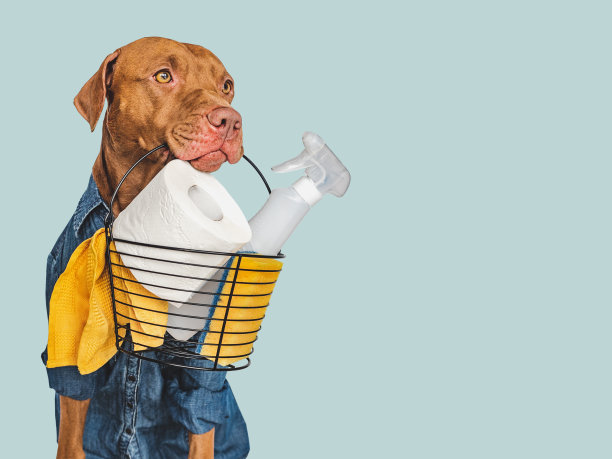 可爱，漂亮的小狗，有清洁剂和刷子图片下载