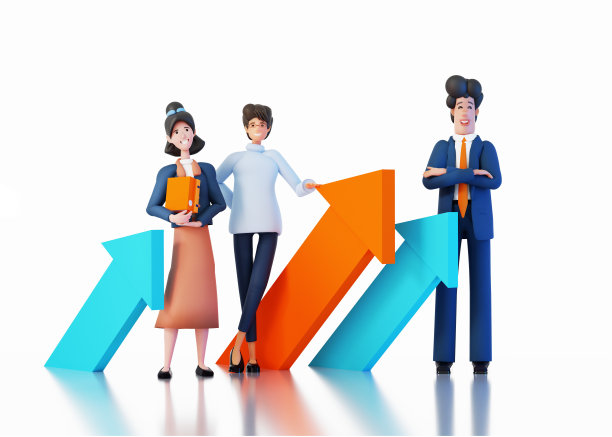 成功的商业人士总是站在向上的箭头旁边。快乐上班族3D效果图图片下载