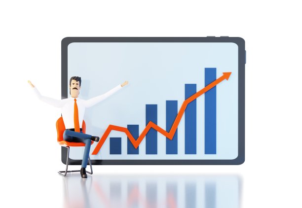 一个成功的商人坐在屏幕旁边，屏幕上显示的增长图表和箭头是成功的象征。帮助，支持，控制想法。快乐上班族3D效果图图片下载