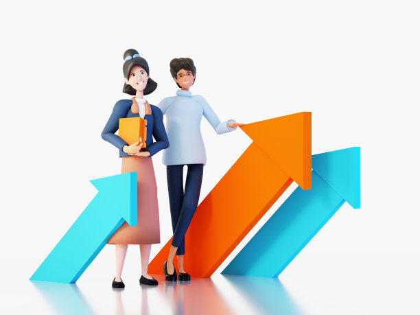 成功的商业人士总是站在向上的箭头旁边。快乐上班族3D效果图图片下载