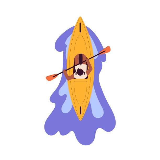 皮划艇运动。人划着皮划艇划着小船，上俯视。人拿着桨，在水里划桨。在河、湖上划船，单人极限漂流。平面矢量插图孤立在白色背景上图片下载