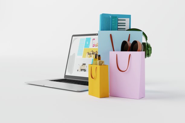 笔记本电脑配有网店的网站和购物袋。图片下载