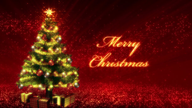 圣诞树的右边写着“圣诞快乐”。3 d。暗红色背景。图片下载