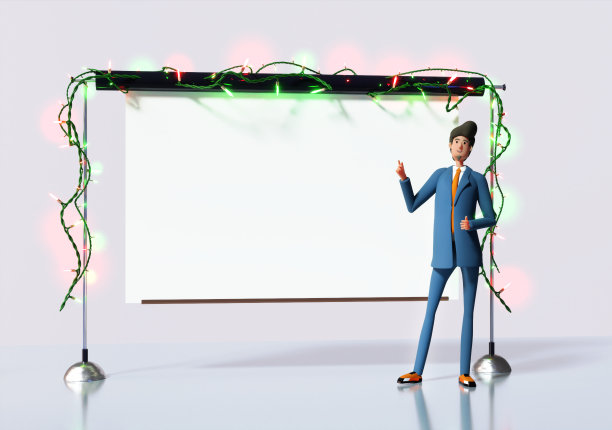 商人住在装饰着圣诞彩灯的白色屏幕旁。业务信息。快乐的上班族。3D效果图图片下载