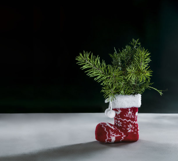 冷杉树枝放在圣诞袜或圣诞靴的黑色背景上图片下载