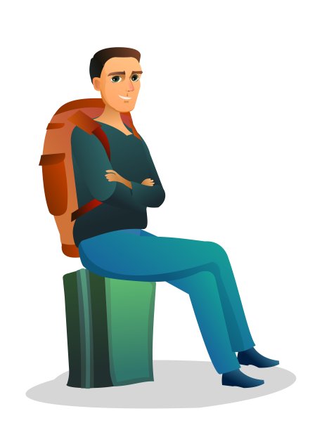 带背包和手提箱的游客。去旅行。旅行者在路上。坐在行李上等待。孤立的白色背景。向量。图片下载