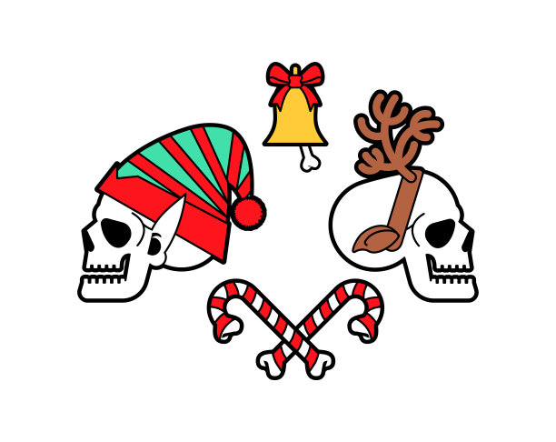 圣诞骷髅套装。圣诞老人的骷髅头和他的助手。圣诞节和新年的恐怖插画。图片下载
