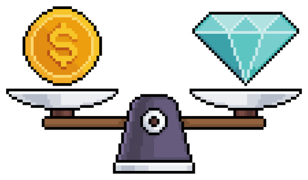 像素艺术尺度与硬币和钻石矢量图标为8位游戏图片下载