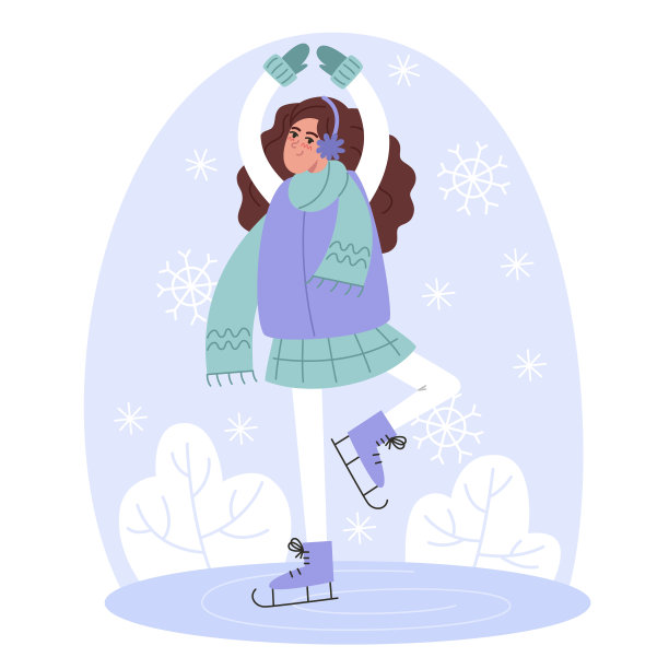 年轻女子在冬天滑冰，平风格插画图片下载